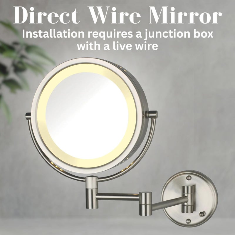 JERDON Wall-Mounted Makeup Mirror with LED Lighting - Direct Wire Lighted Makeup Mirror with 8X Magnification & Nickel Finish Wall Mount - Model HL75ND - Image 2